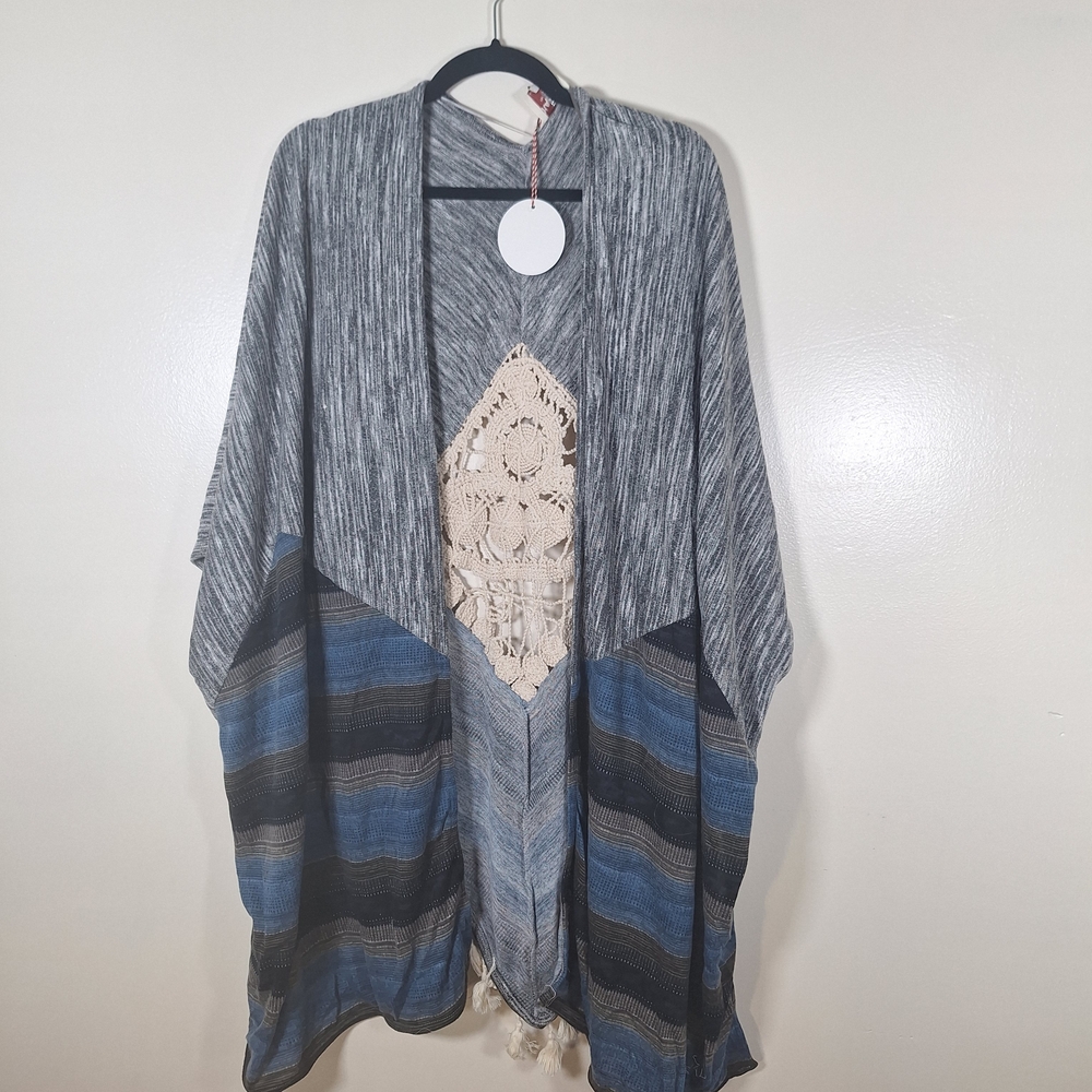 Gray and Blue Striped Kimono Cardigan
